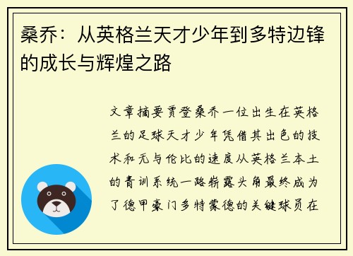桑乔：从英格兰天才少年到多特边锋的成长与辉煌之路